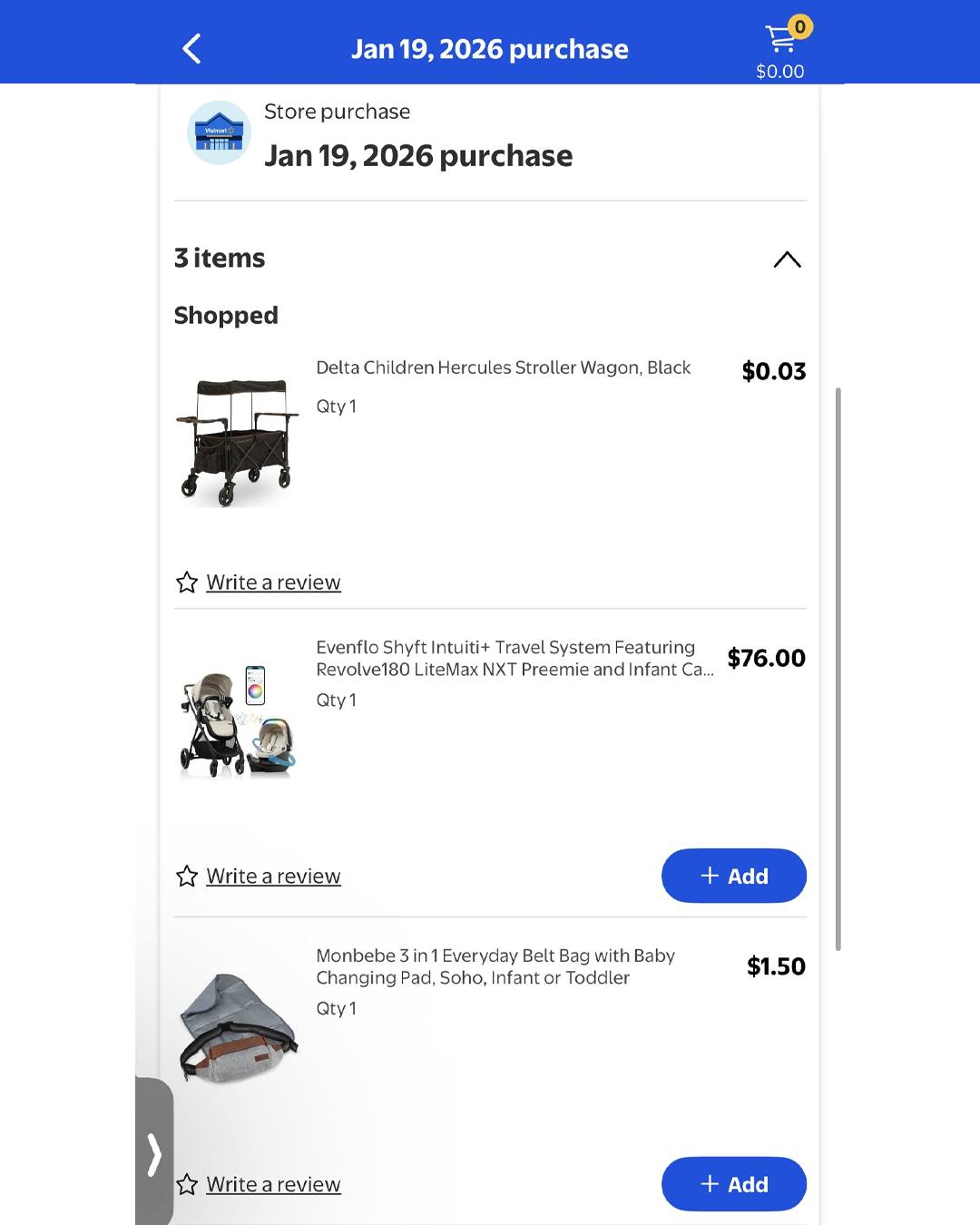 Receipt showing $0.03 clearance deal